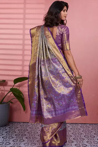 Blue floral, zari woven kanjivaram silk saree with blouse