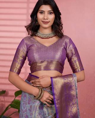 Blue floral, zari woven kanjivaram silk saree with blouse 5