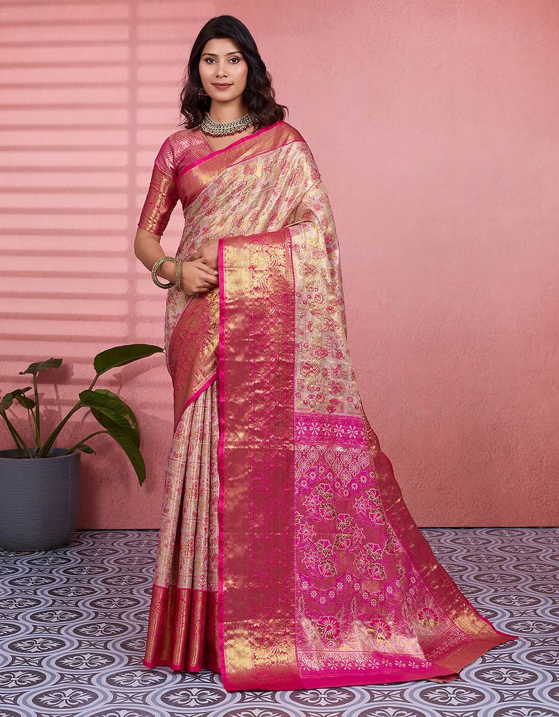 Dark pink floral, zari woven kanjivaram silk saree with blouse