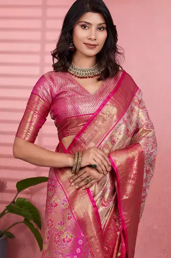 Dark pink floral, zari woven kanjivaram silk saree with blouse
