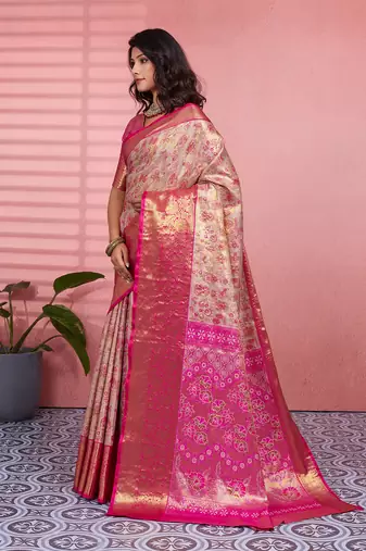 Dark pink floral, zari woven kanjivaram silk saree with blouse