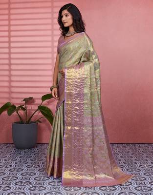 Green floral, zari woven kanjivaram silk saree with blouse 3