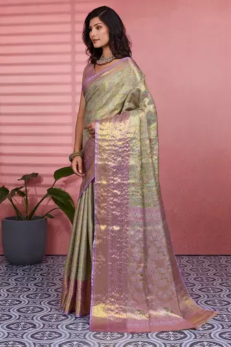 Green floral, zari woven kanjivaram silk saree with blouse