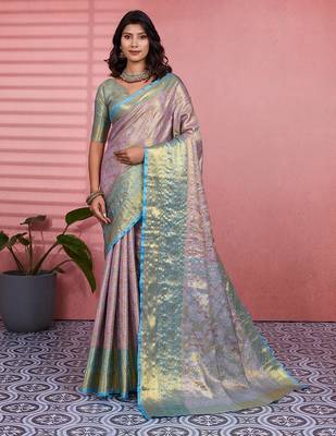 Lavender floral, zari woven kanjivaram silk saree with blouse 1