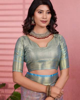 Lavender floral, zari woven kanjivaram silk saree with blouse 5