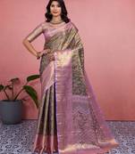 Olive green floral, zari woven kanjivaram silk saree with blouse