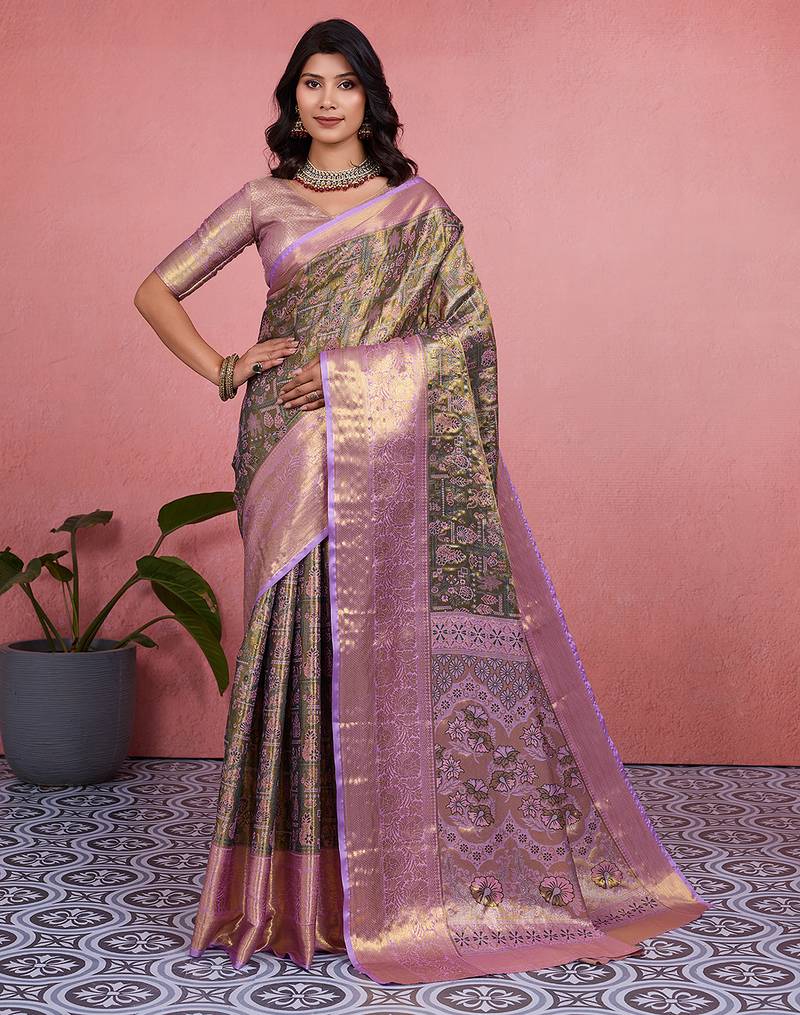Olive green floral, zari woven kanjivaram silk saree with blouse