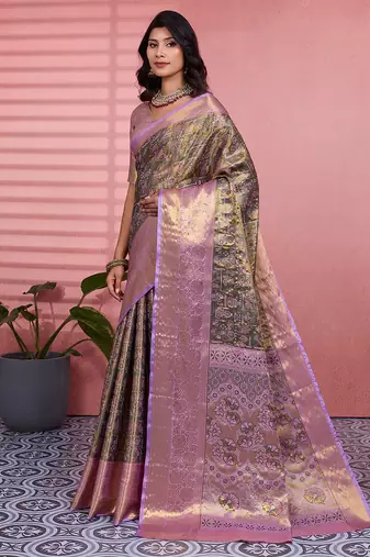 Olive green floral, zari woven kanjivaram silk saree with blouse