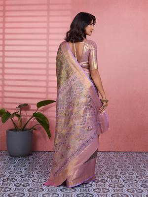Olive green floral, zari woven kanjivaram silk saree with blouse 4