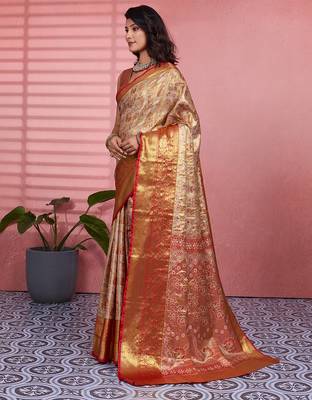 Red floral, zari woven kanjivaram silk saree with blouse 3