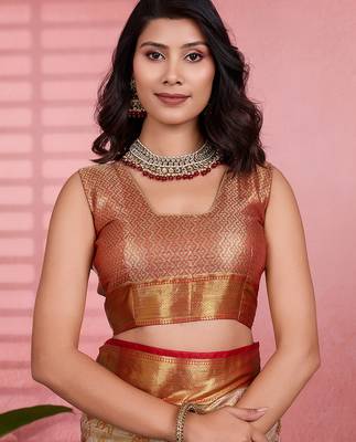 Red floral, zari woven kanjivaram silk saree with blouse 5