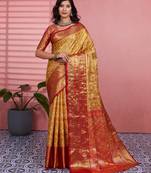 Yellow floral, zari woven kanjivaram silk saree with blouse