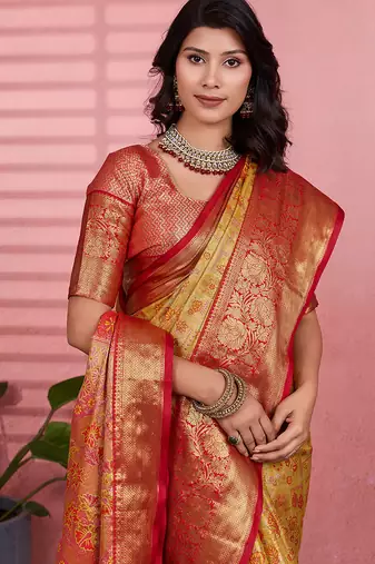 Yellow floral, zari woven kanjivaram silk saree with blouse