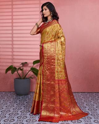 Yellow floral, zari woven kanjivaram silk saree with blouse 3
