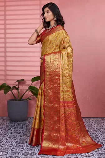 Yellow floral, zari woven kanjivaram silk saree with blouse