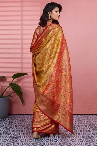 Yellow floral, zari woven kanjivaram silk saree with blouse