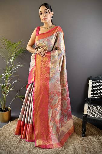 Blue floral, peacock zari woven tissue silk saree with blouse