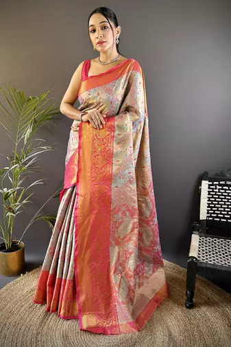 Blue floral, peacock zari woven tissue silk saree with blouse