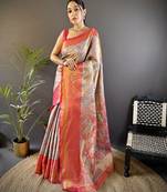 Blue floral, peacock zari woven tissue silk saree with blouse