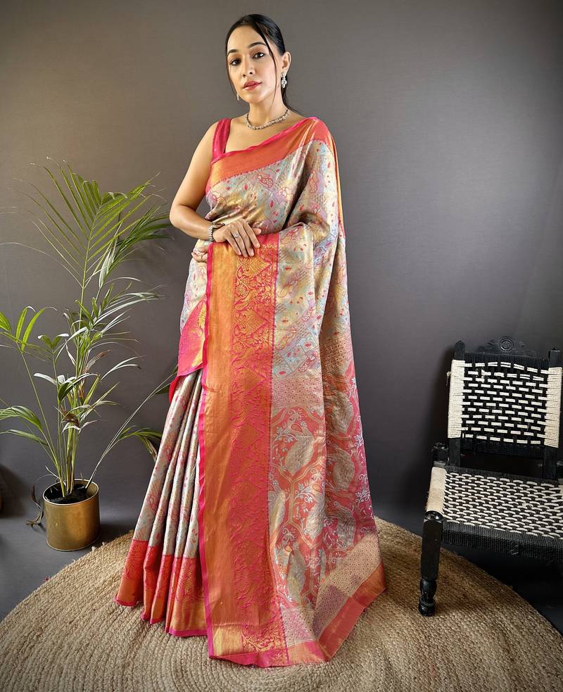 Blue floral, peacock zari woven tissue silk saree with blouse