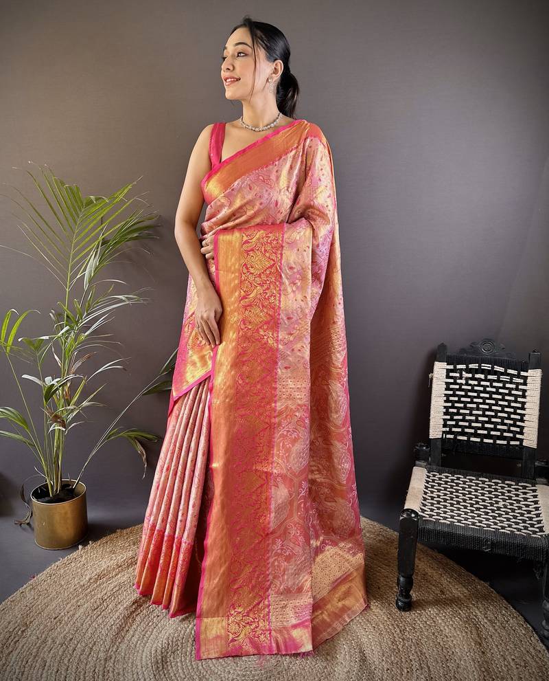 Dark pink floral, peacock zari woven tissue silk saree with blouse