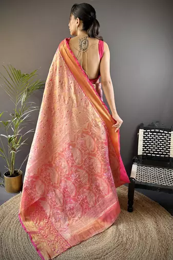 Dark pink floral, peacock zari woven tissue silk saree with blouse
