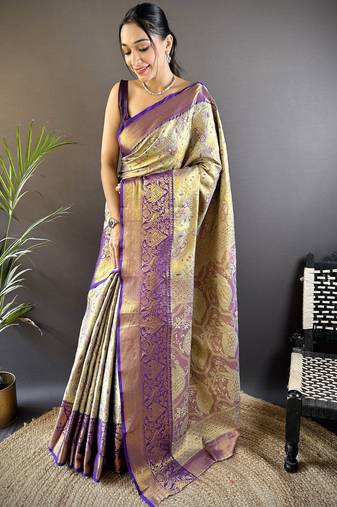 Green floral, peacock zari woven tissue silk saree with blouse