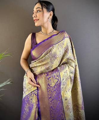 Green floral, peacock zari woven tissue silk saree with blouse 2