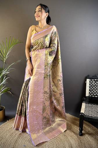 Olive green floral, peacock zari woven tissue silk saree with blouse