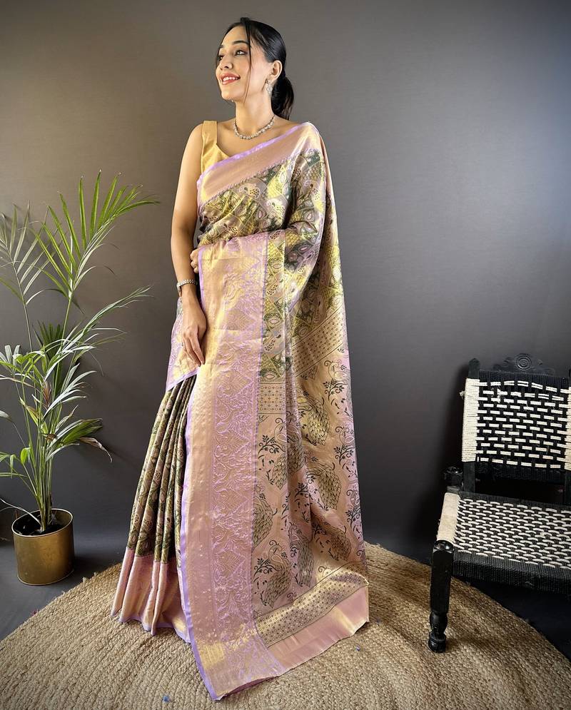 Olive green floral, peacock zari woven tissue silk saree with blouse