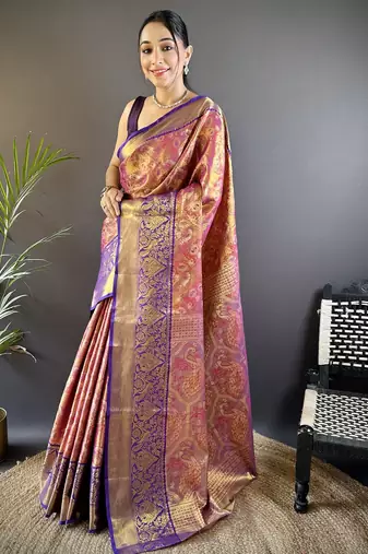 Pink floral, peacock zari woven tissue silk saree with blouse