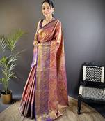 Pink floral, peacock zari woven tissue silk saree with blouse