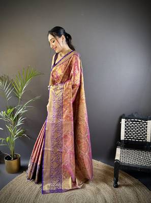 Pink floral, peacock zari woven tissue silk saree with blouse 3