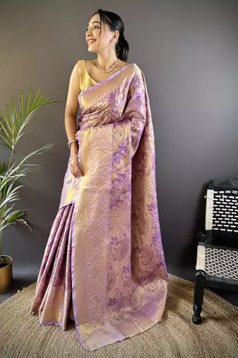 Purple floral, peacock zari woven tissue silk saree with blouse