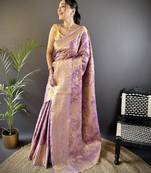 Purple floral, peacock zari woven tissue silk saree with blouse
