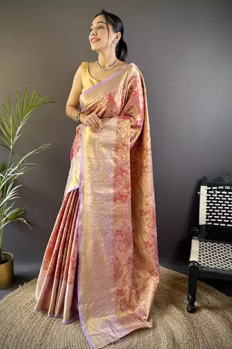 Red floral, peacock zari woven tissue silk saree with blouse