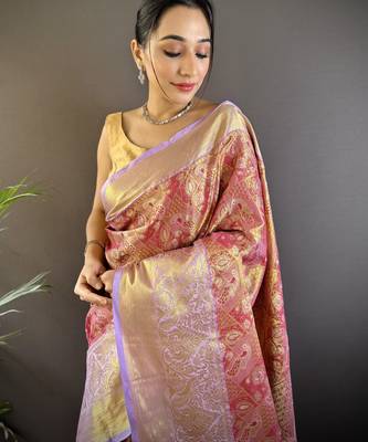 Red floral, peacock zari woven tissue silk saree with blouse 2