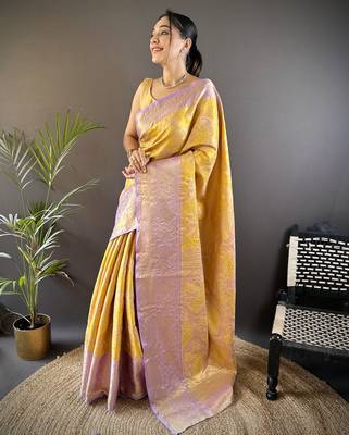 Yellow floral, peacock zari woven tissue silk saree with blouse 1
