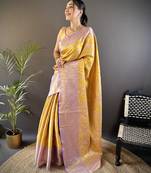 Yellow floral, peacock zari woven tissue silk saree with blouse