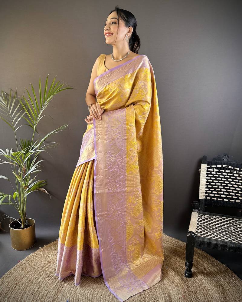 Yellow floral, peacock zari woven tissue silk saree with blouse