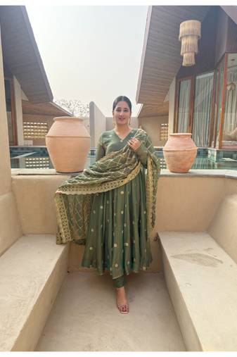 Olive embroidery fendy silk fully stitched anarkali suit set