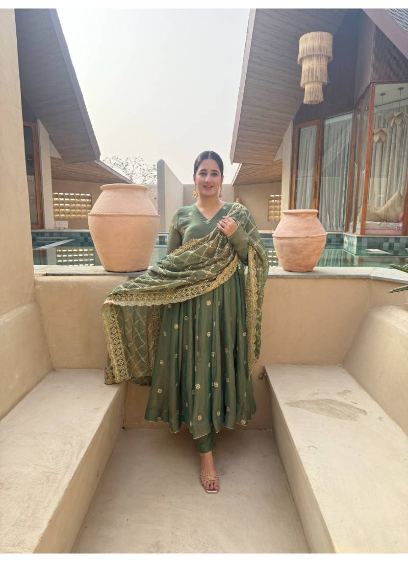 Olive embroidery fendy silk fully stitched anarkali suit set