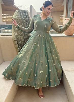 Olive embroidery Blend Tissue fully stitched anarkali suit set 1