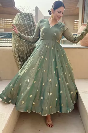 Olive embroidery fendy silk fully stitched anarkali suit set