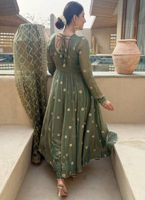 Olive embroidery Blend Tissue fully stitched anarkali suit set 3