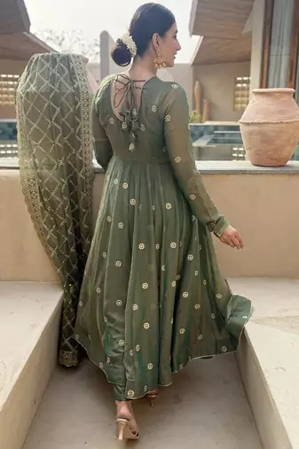Olive embroidery fendy silk fully stitched anarkali suit set