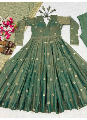 Olive embroidery Blend Tissue fully stitched anarkali suit set 4