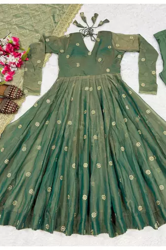 Olive embroidery fendy silk fully stitched anarkali suit set