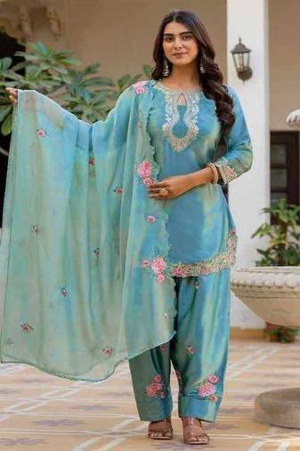 Sky blue embroidery japan satin fully stitched farshi salwar suit set