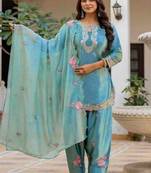 Sky blue embroidery japan satin fully stitched farshi salwar suit set